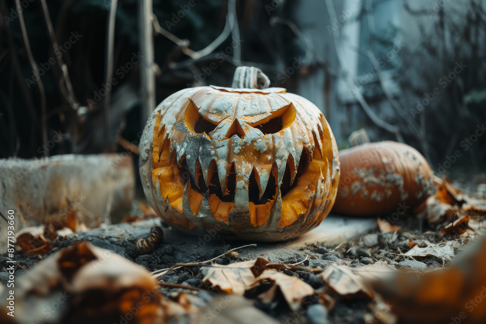 close up horizontal image of a carved scary halloween pumpkin close up horizontal image of a carved scary halloween pumpkin