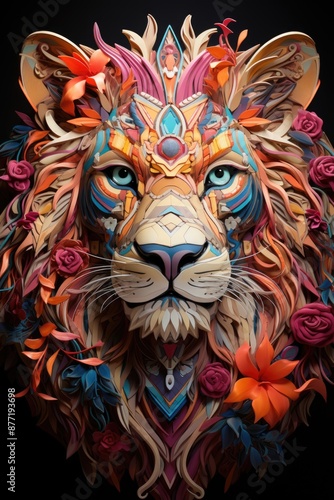 Multicolored lion muzzle in close up colors up, generative IA