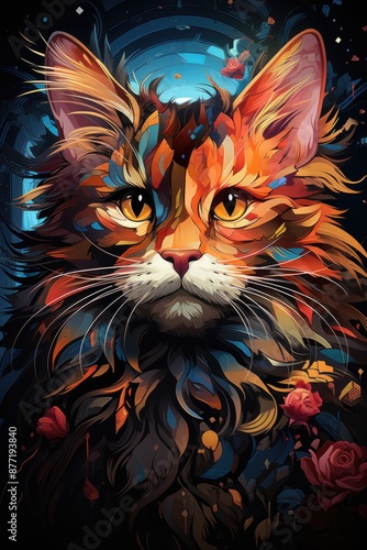 Colorful Cat Head in Art Pop Style, generative IA
