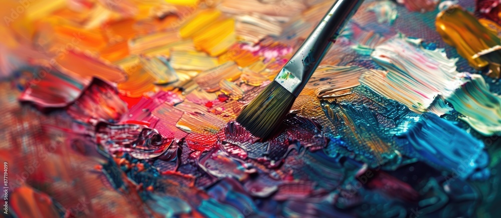 Fototapeta premium Applying oil paint from a brush to a palette on an abstract colorful background with copy space image