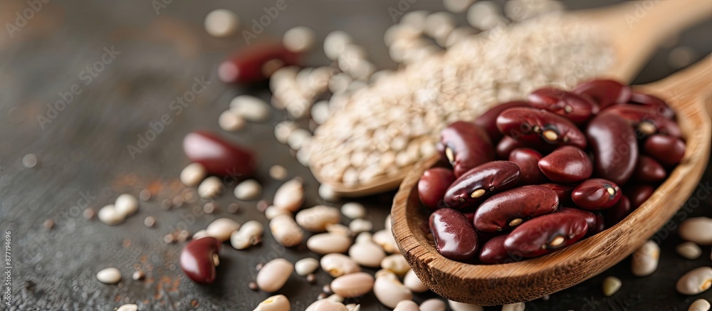 A close up of kidney beans in a wooden spoon on a table with grains and seeds in the copy space image A close up of kidney beans in a wooden spoon on a table with grains and seeds in the copy space image