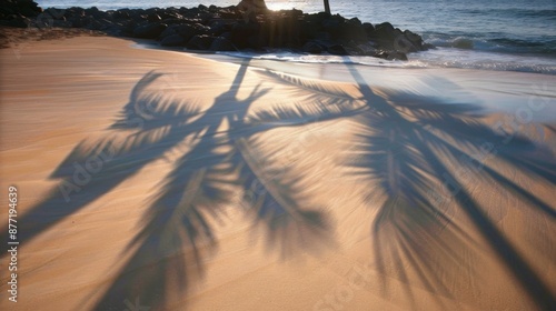 Serene Sunset Beach with Palm Tree Shadows