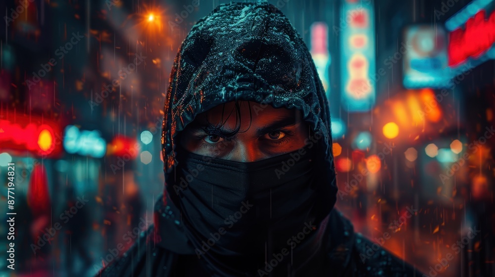 Mysterious hooded figure at night in the city during rain, with vibrant neon signs in the background, conveying a sense of suspense and intrigue. Mysterious hooded figure at night in the city during rain, with vibrant neon signs in the background, conveying a sense of suspense and intrigue.