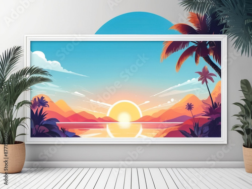 Bright summer background with a frame for logo on white background panorama copy space