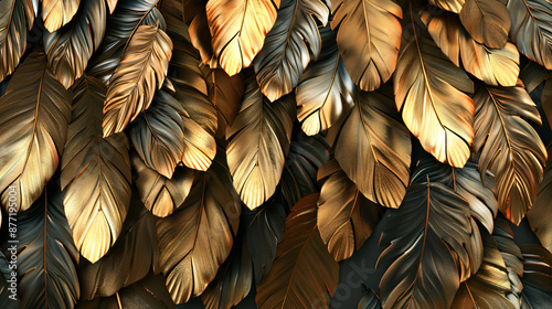 Fototapeta Naklejka Na Ścianę i Meble -  3d wallpaper golden feathers background, luxury leaves texture design for wall mural.