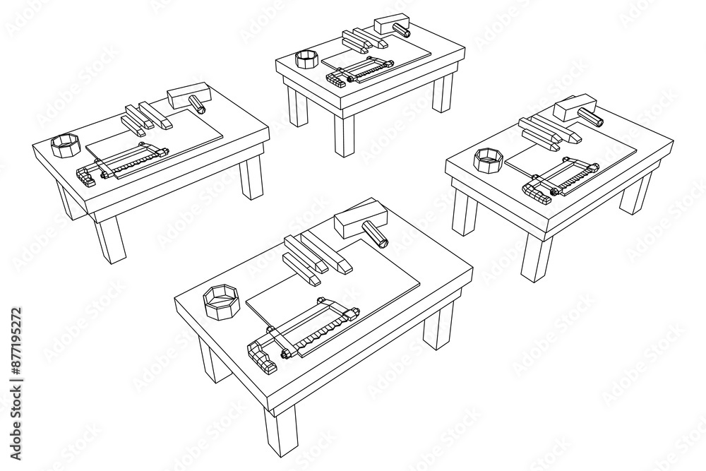 Craft carpentry workbench workshop interior. Wireframe low poly mesh vector illustration Craft carpentry workbench workshop interior. Wireframe low poly mesh vector illustration