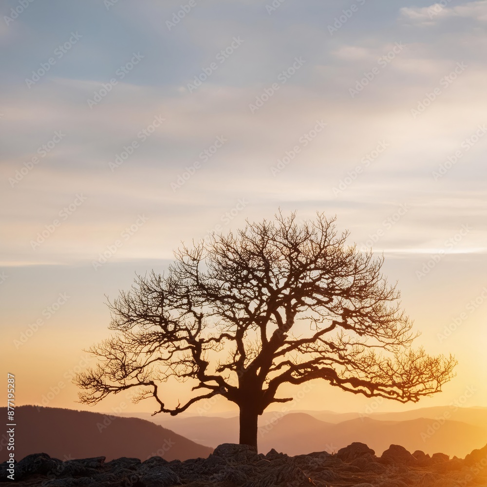 The silhouette of a leafless tree stands out against the colors of a sunset sky, creating a beautiful natural landscape in the afterglow of dusk The silhouette of a leafless tree stands out against the colors of a sunset sky, creating a beautiful natural landscape in the afterglow of dusk
