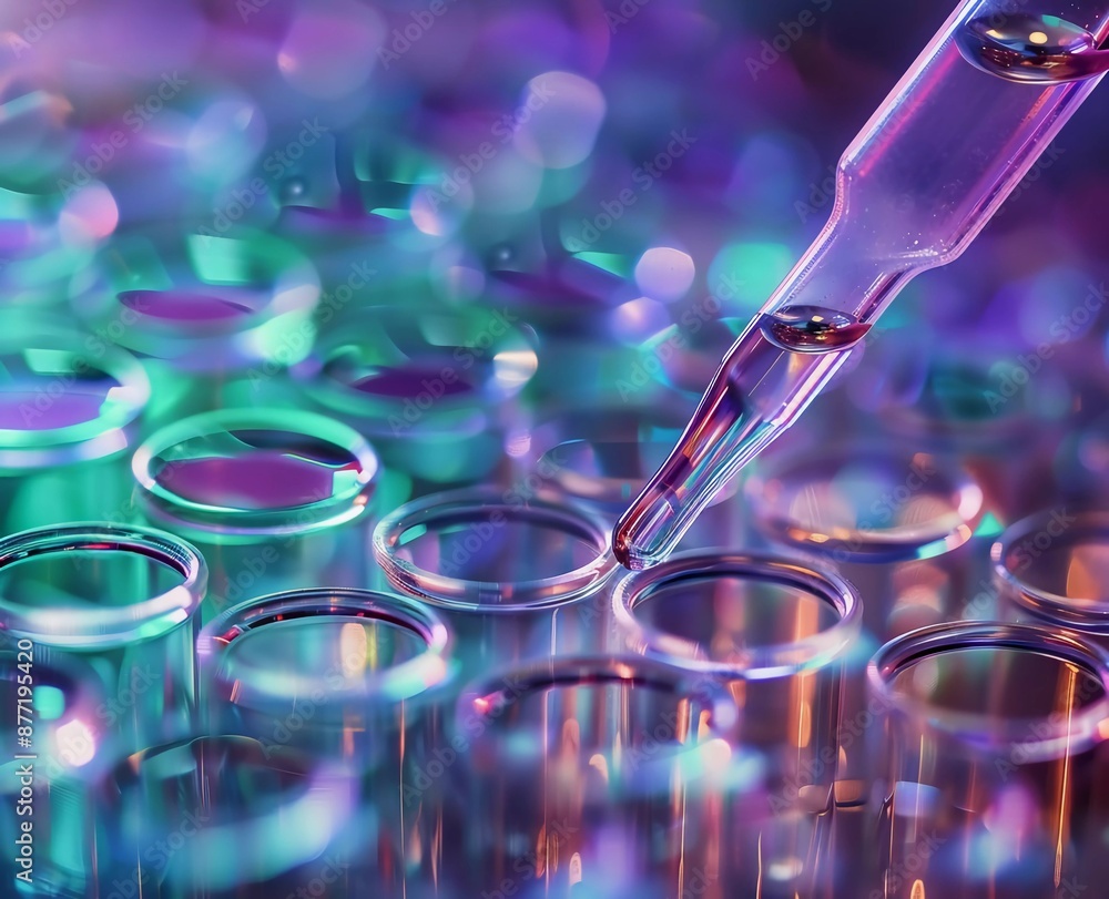 Pipette with liquid in a laboratory on a background of test tubes and petri dishes in a closeup Pipette with liquid in a laboratory on a background of test tubes and petri dishes in a closeup