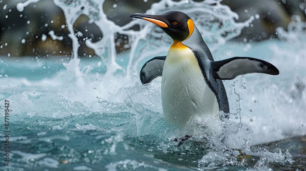 Fototapeta premium Big King penguin going in to the blue water