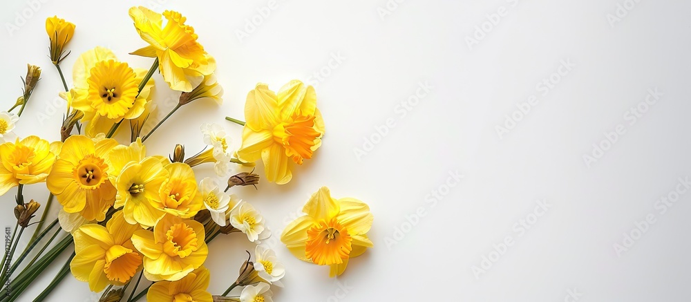 Obraz premium Spring holiday concept featuring yellow flowers against a white backdrop suitable for a copy space image