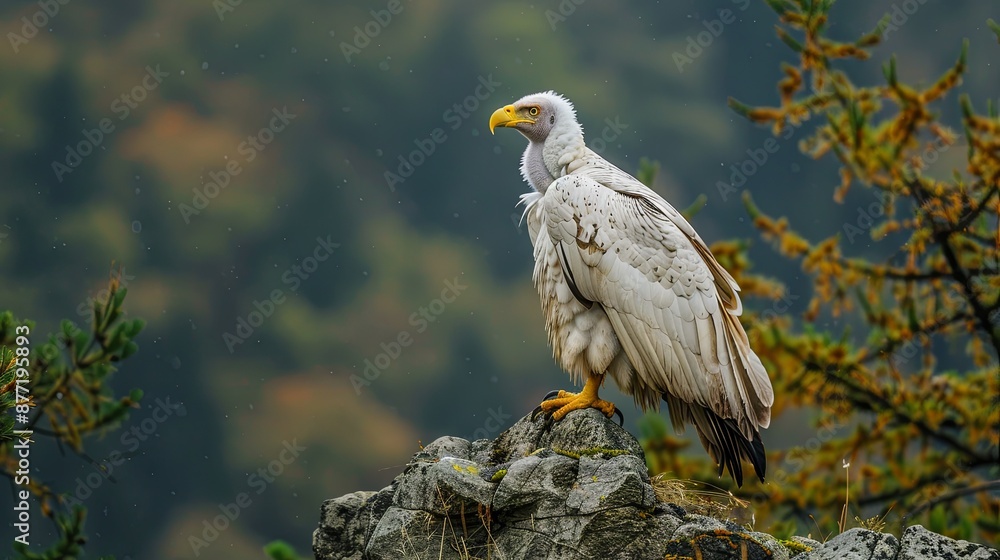 The Egyptian vulture (Neophron percnopterus), a large bird of prey, perches on a stone in its natural habitat