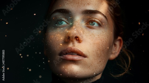 Double Exposure of Beautiful Woman with Galaxy Inside Her Head, Cosmic Background, Sparkle and Glittery. Human Spirit, Astronomy, Life Zen Concept