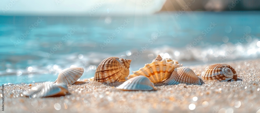 Attractive seashells near the ocean on a natural setting with copy space image Attractive seashells near the ocean on a natural setting with copy space image