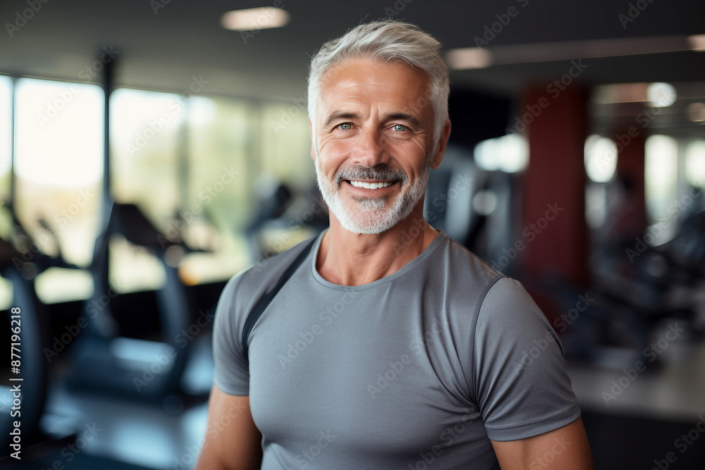 Fototapeta premium Beautiful elderly people attending gym having healthy lifestyle way of life, modern indoors sports space, Generative AI