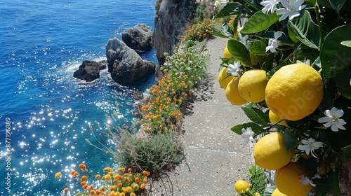 Vibrant Coastal Pathway Lined with Blooming Flowers and Citrus Trees