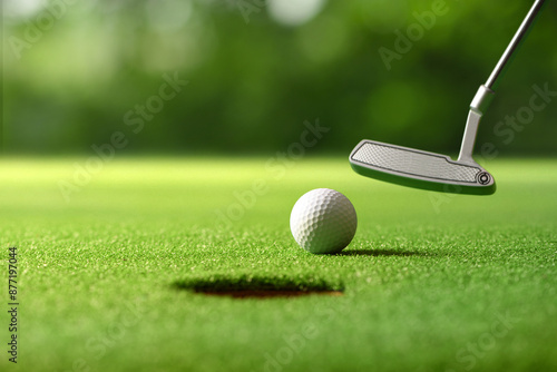 Photography Close-up golf ball after putting to the golf hole.