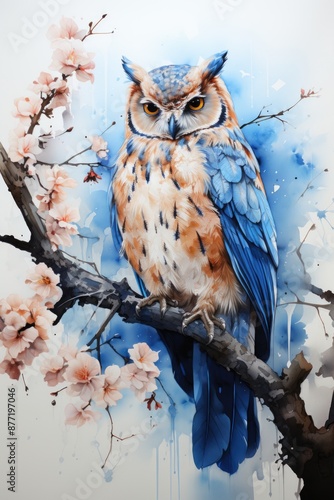 Owl Drawing sitting on a branch of blue paint watercolor, generative IA