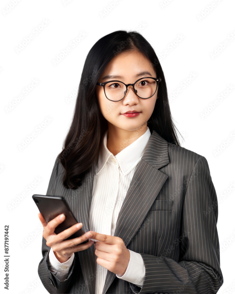 Smiling beautiful girl with glasses , with mobile phone, isolated on white background, png format, business and office concept Smiling beautiful girl with glasses , with mobile phone, isolated on white background, png format, business and office concept