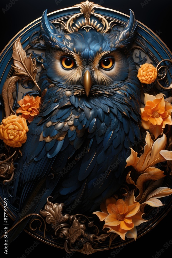 A painting of an owl with golden and black feathers and golden eyes., generative IA