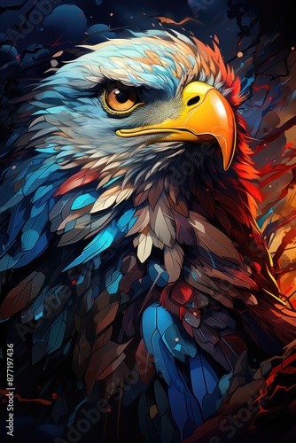 A digital art of bright eagle lines an bold and impressive illustration of pow, generative IA photo