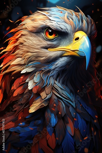 A digital art of bright eagle lines an bold and impressive illustration of pow, generative IA photo