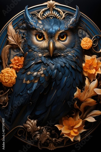 Obraz na płótnie A painting of an owl with golden and black feathers and golden eyes., generative IA w salonie