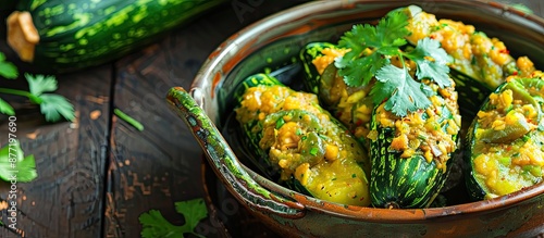 Dish featuring stuffed bitter gourd with copy space image photo