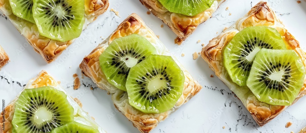 A delectable puff pastry topped with kiwi slices lying on a white marble surface in a flat lay arrangement providing ample copy space image opportunity A delectable puff pastry topped with kiwi slices lying on a white marble surface in a flat lay arrangement providing ample copy space image opportunity