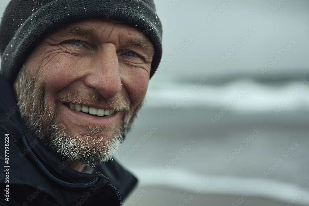 AI generated portrait of a happy smiling person walking alone on a beach on cloudy stormy day AI generated portrait of a happy smiling person walking alone on a beach on cloudy stormy day