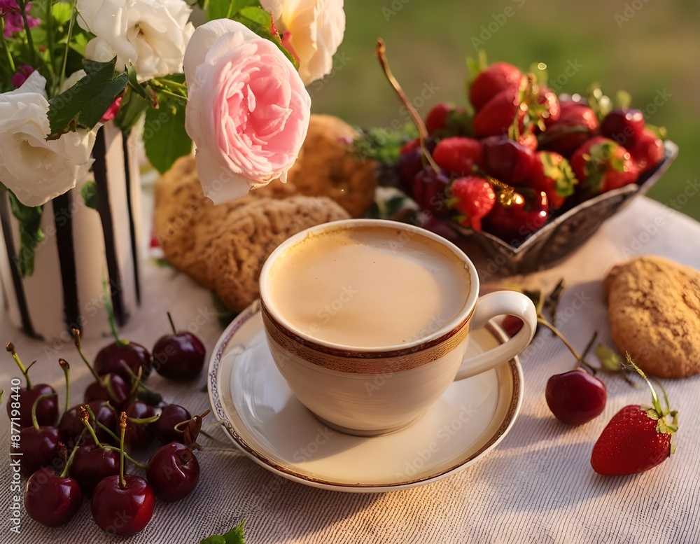 Cappuccino in a beautiful cup of coffee and roses on the table Cappuccino in a beautiful cup of coffee and roses on the table