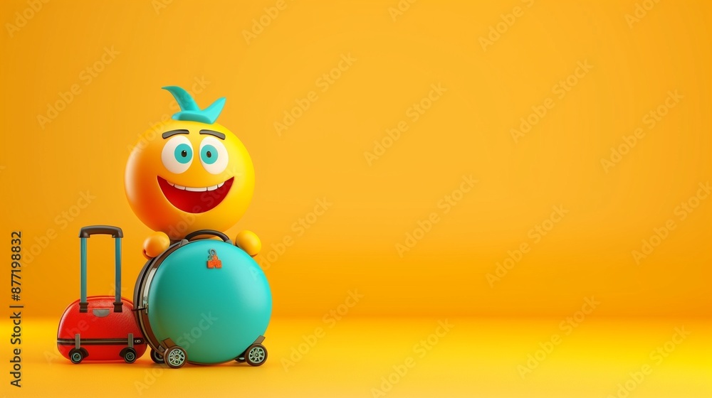 Naklejka premium A cute emoji cartoon character with a tiny suitcase, ready for an adventure and saying goodbye on a yellow solid background