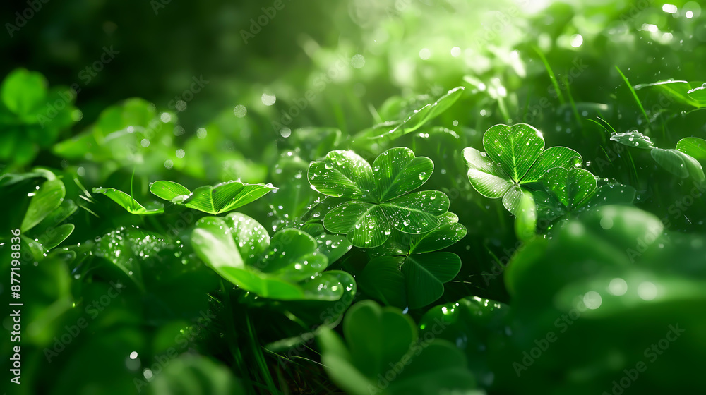 Green clover leaves, Clover cluster with dew, greenery in lush Green clover leaves, Clover cluster with dew, greenery in lush