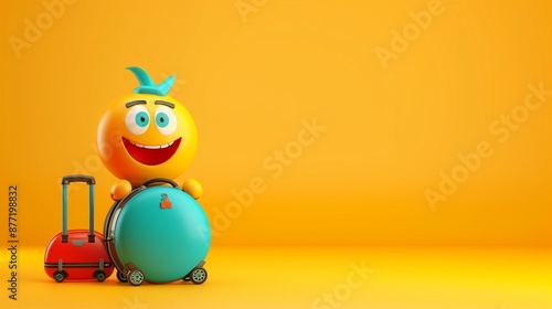 A cute emoji cartoon character with a tiny suitcase, ready for an adventure and saying goodbye on a yellow solid background