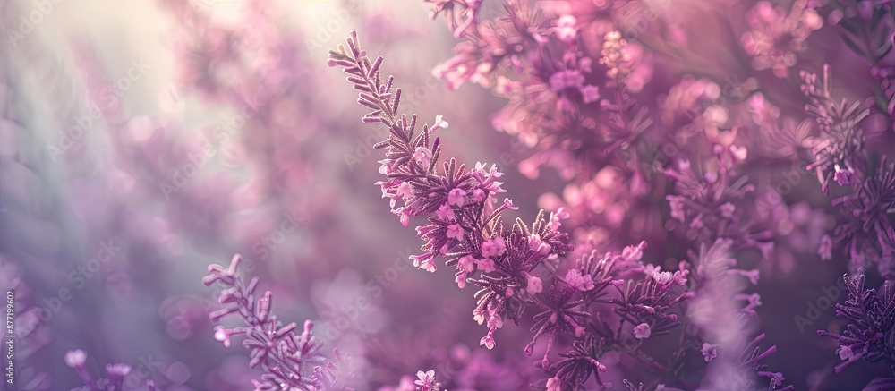 Fototapeta premium A panoramic copy space image captures blooming purple and pink heather flowers providing a pure natural depiction involving botany gardening and ecology