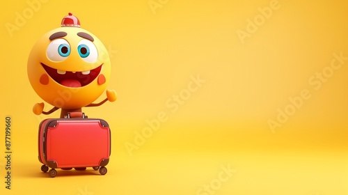 A cute emoji cartoon character with a tiny suitcase, ready for an adventure and saying goodbye on a yellow solid background
