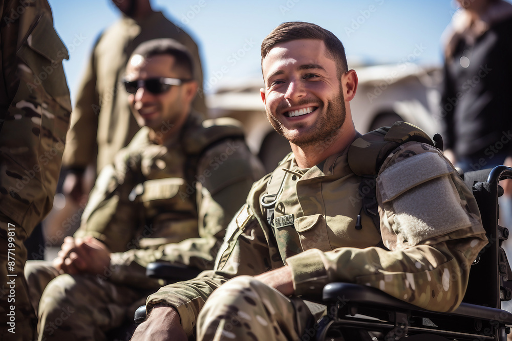 Obraz premium Portrait of a male equipped soldier in military uniform with weapon