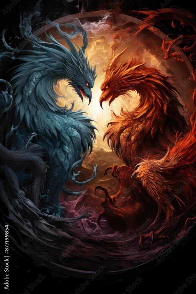 Fire Phoenix and Ice Dragon in the Yin and Yang in the dark dark ...