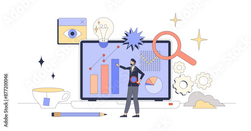 Data visualization with graphs and diagrams tiny person neubrutalism concept, transparent background. Information representation with visual charts for easy analytics and research illustration.