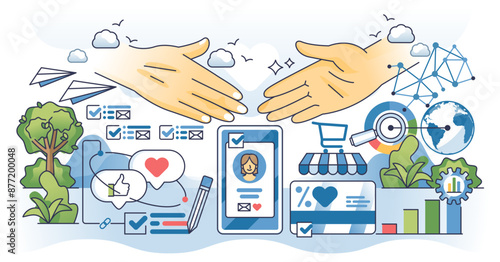 Customer engagement strategies for business growth outline hands concept, transparent background. E-commerce business recognition marketing campaign for client loyalty boost illustration.