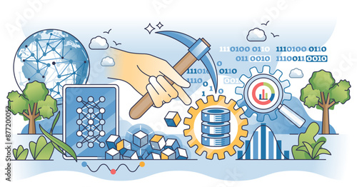 Data mining as sorting large digital information amount outline hands concept, transparent background. Artificial intelligence usage for file and big data collection illustration.