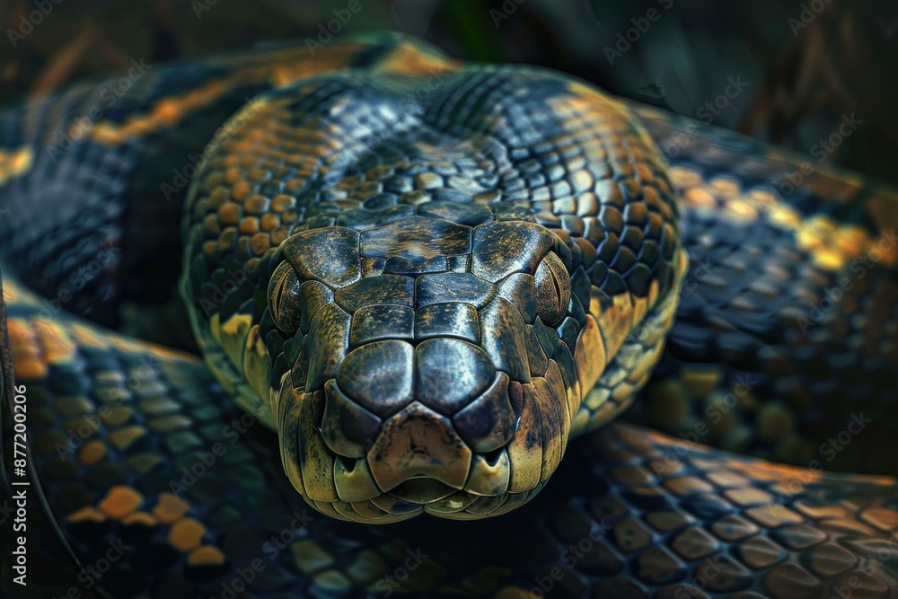 Detailed macro image of a snake's head with a focus on its scales and eyes in a natural setting Detailed macro image of a snake's head with a focus on its scales and eyes in a natural setting