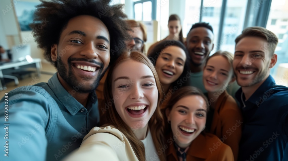 A happy business team gathers together to take a selfie in a modern office A happy business team gathers together to take a selfie in a modern office