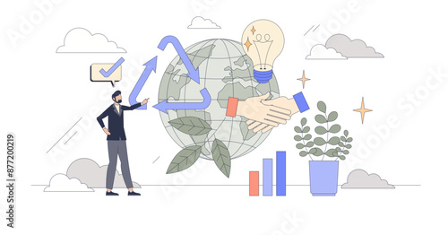 Sustainable business marketing strategies tiny person neubrutalism concept, transparent background. Environmental and nature friendly advertisement practices for customer engagement illustration.