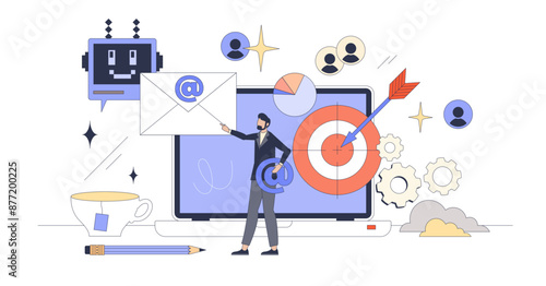 Automated email marketing solution tools tiny person neubrutalism concept, transparent background. Effective and targeted mail sending automation to reach customers.