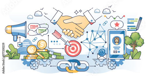 Referral marketing as effective advertisement method outline hands concept, transparent background.Customer engagement by social media influencers and ads illustration.