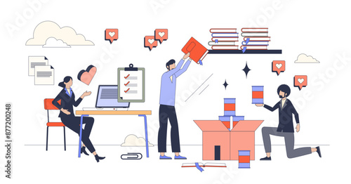 Volunteering and charity organization tiny person neubrutalism concept, transparent background. Giving groceries and food products, books and stationary for school illustration. Social care box.
