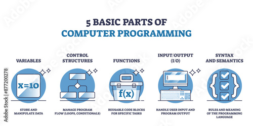 5 basic parts of computer programming and script coding outline diagram, transparent background. Labeled educational scheme with variables, control structures, functions, input.