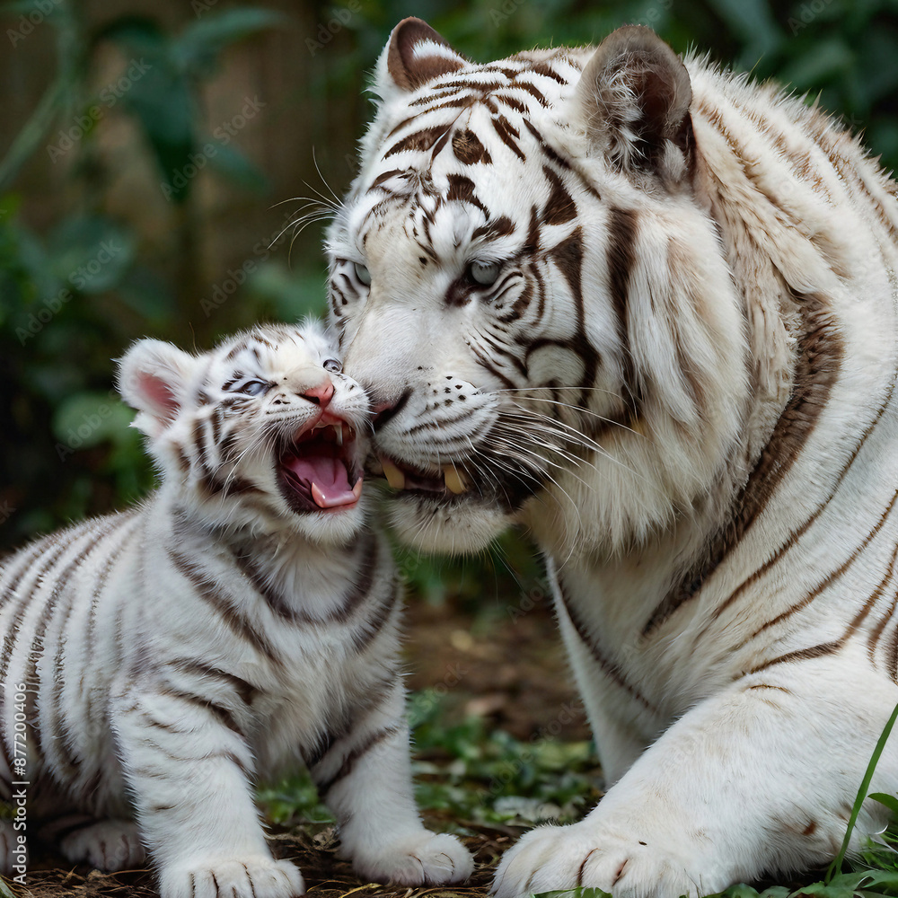 A white baby tiger with its mom accompanying her little cub in the forest, jungle, sanctuary or field A white baby tiger with its mom accompanying her little cub in the forest, jungle, sanctuary or field