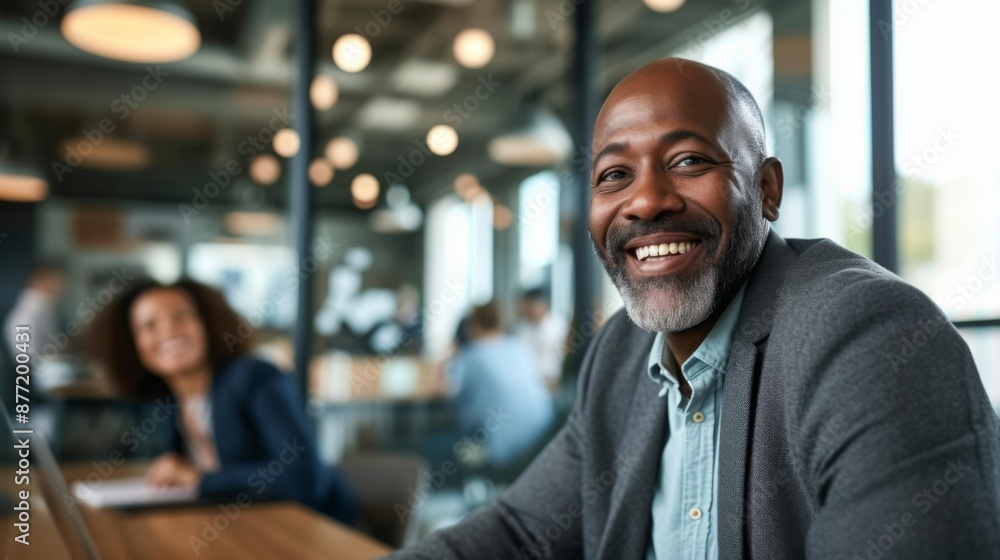 A businessman smiles confidently during a meeting in a modern office A businessman smiles confidently during a meeting in a modern office