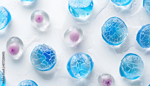 Cryopreservation of genetic material. Ovum and sperm cells in ice cubes on white background. photo